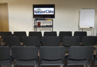 Meeting room set up for a presentation.