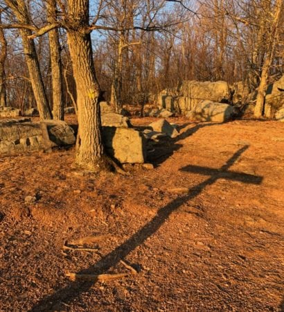 Shadow of a cross in the woods.