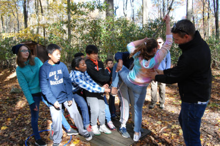 Christian school group participating in a team building activity.